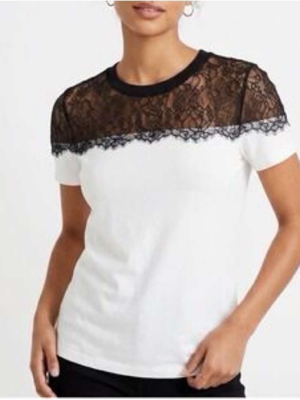 Laundry By Shelli Segal White Short-Sleeve Top with Black Lace Yoke
